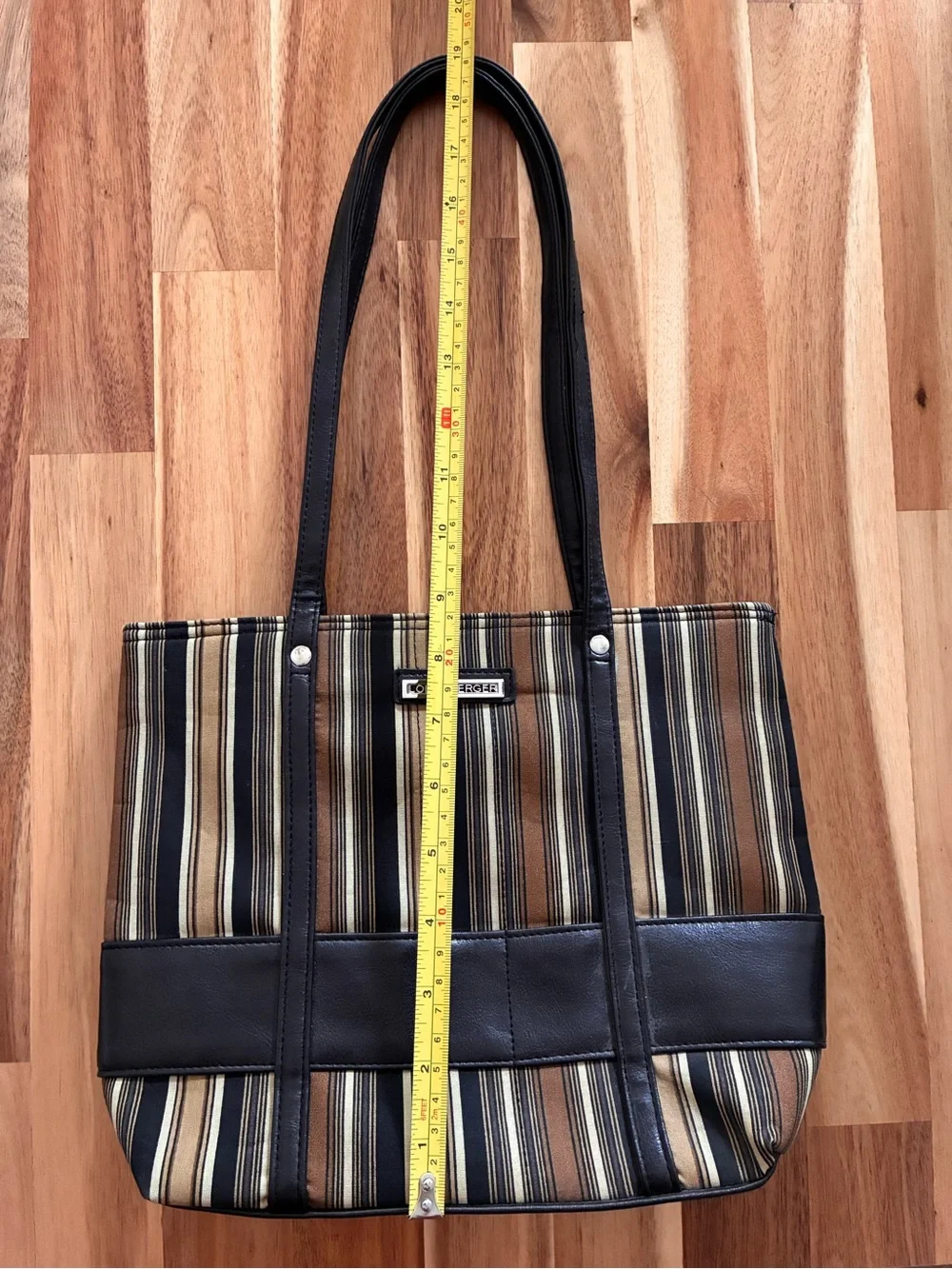 Longaberger Homestead Tote Bag Handbag Purse Black, Brown, Tan Stripe